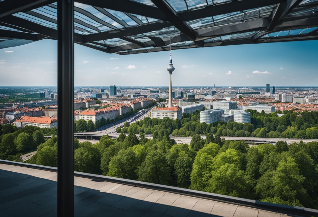 Berlin, Germany's latitude is 52.52°N. Surrounding the city are historic landmarks, modern buildings, and lush green parks, showcasing the cultural diversity of the landscape