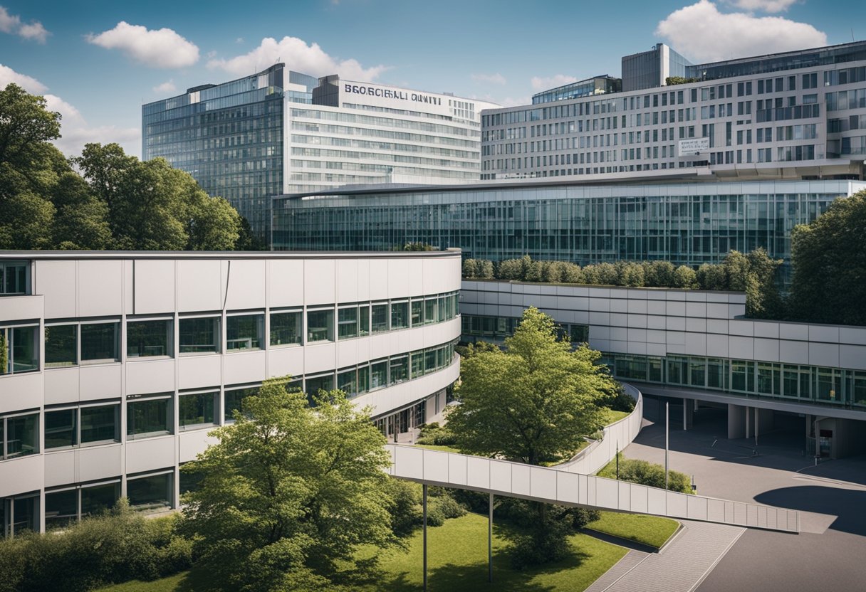 Ein weitläufiger Krankenhauskomplex in Berlin, Deutschland, mit mehreren Gebäuden und einem markanten Eingang. Große Schilder weisen darauf hin, dass es sich um das größte Krankenhaus der Stadt handelt