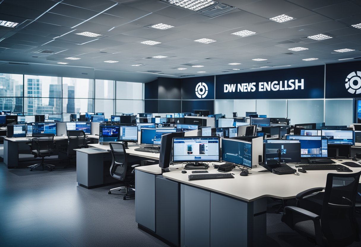 A newsroom with computers, desks, and TV screens showing "DW News English" logo