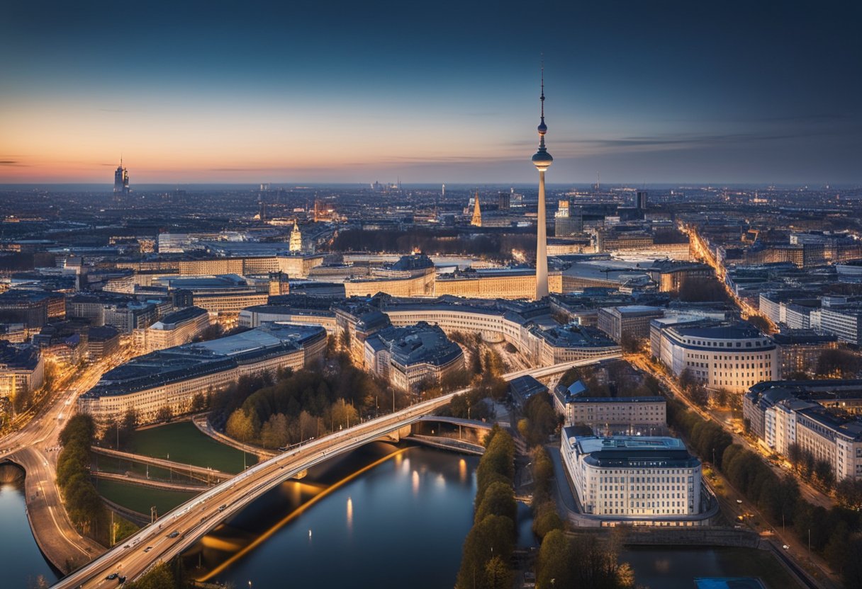 Berlin, Deutschland, liegt auf dem Breitengrad 52,52° N. Zeigen Sie eine Stadtsilhouette mit Schwerpunkt auf Infrastruktur und Entwicklung, z. B. Straßen, Gebäude und Verkehrssysteme