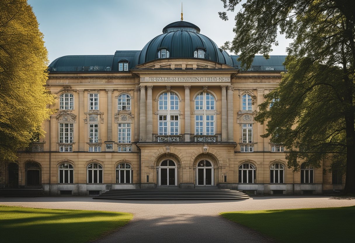 The sanatorium in Berlin, Germany features a grand, imposing facade with intricate detailing and large, arched windows. The building exudes a sense of grandeur and history, with a prominent presence in the surrounding landscape
