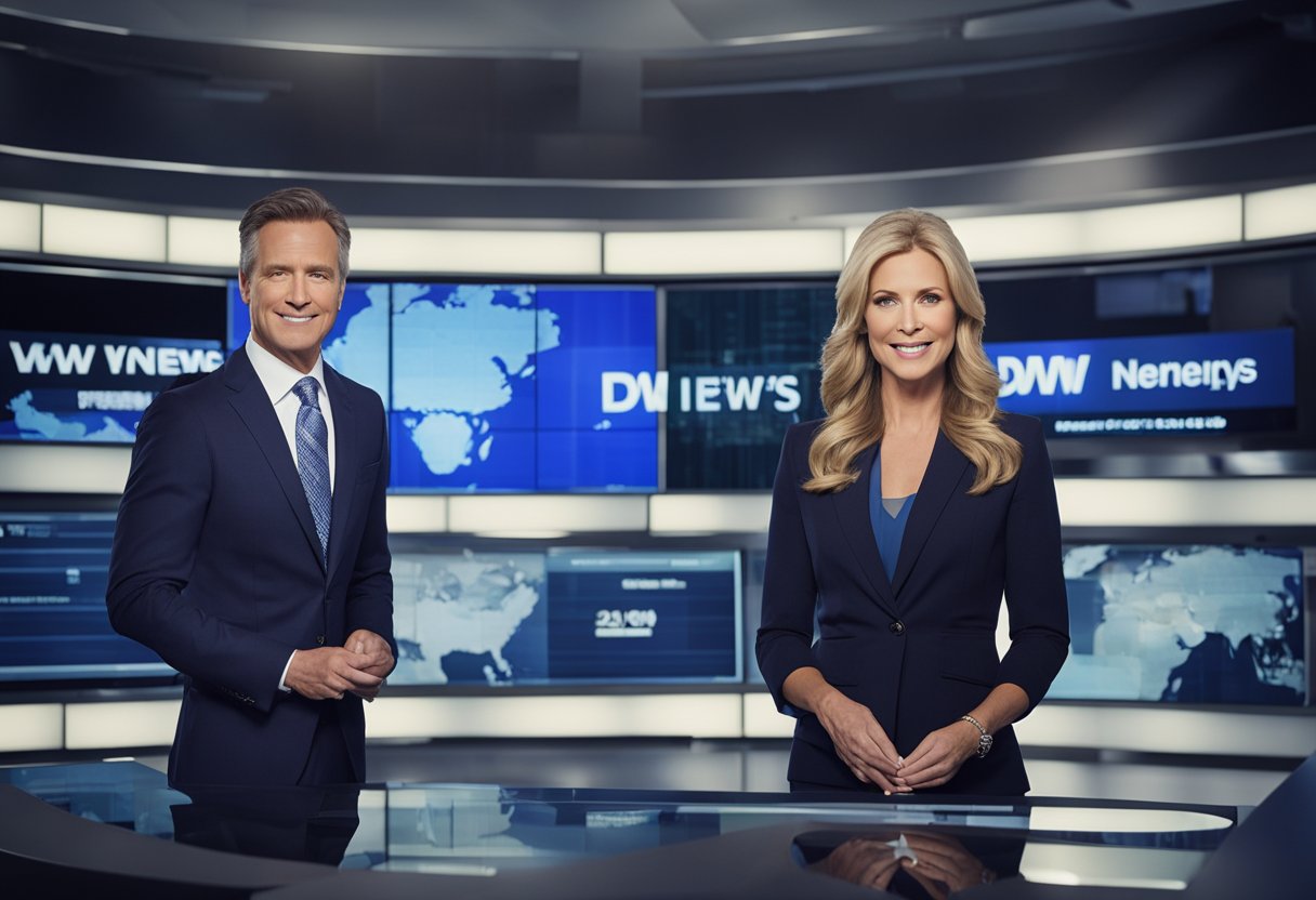 A news anchor presents headlines on a sleek studio set with a large DW News logo in the background. A world map and digital screens display current events