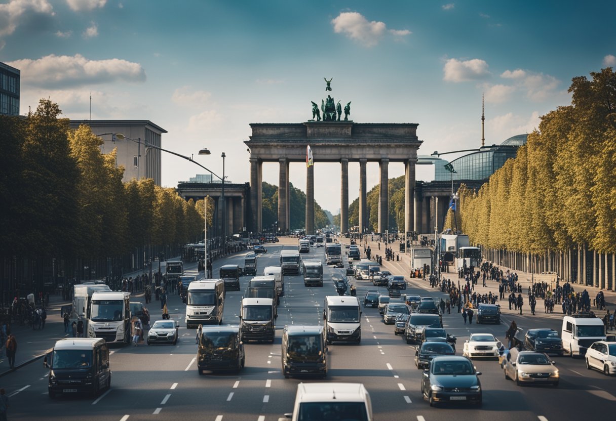 Busy streets of Berlin, with iconic landmarks like the Brandenburg Gate and Berlin Wall in the background. People walking, cars driving, and a bustling atmosphere