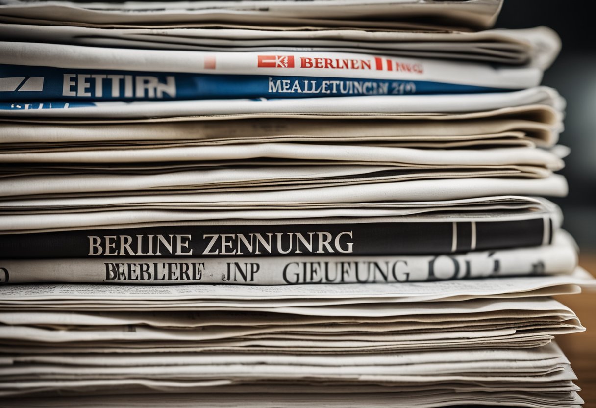 A stack of major daily newspapers with the prominent title "Berliner Zeitung" on top, surrounded by other well-known German newspapers