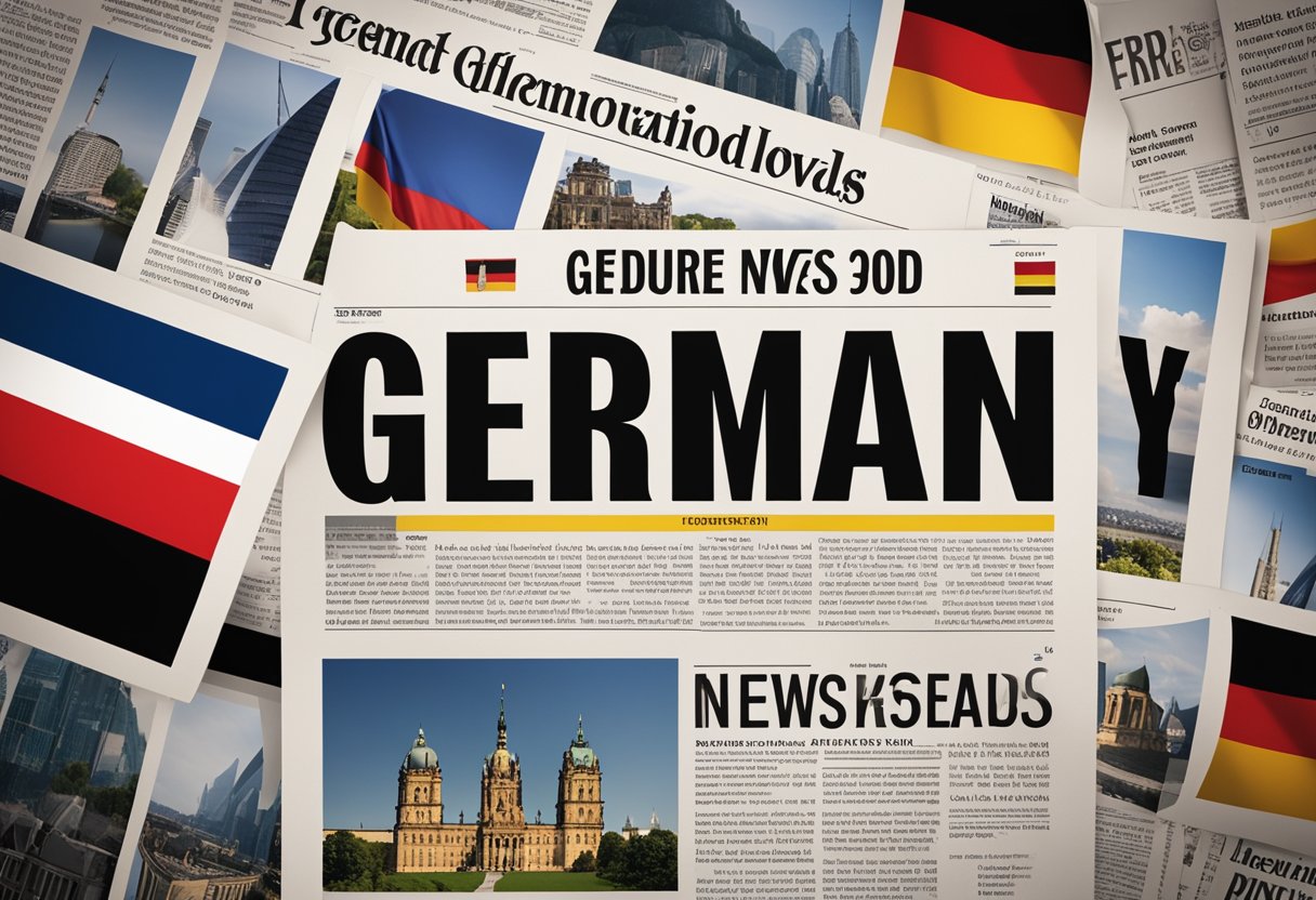 "Germany news today" headline with German flag and iconic landmarks in the background