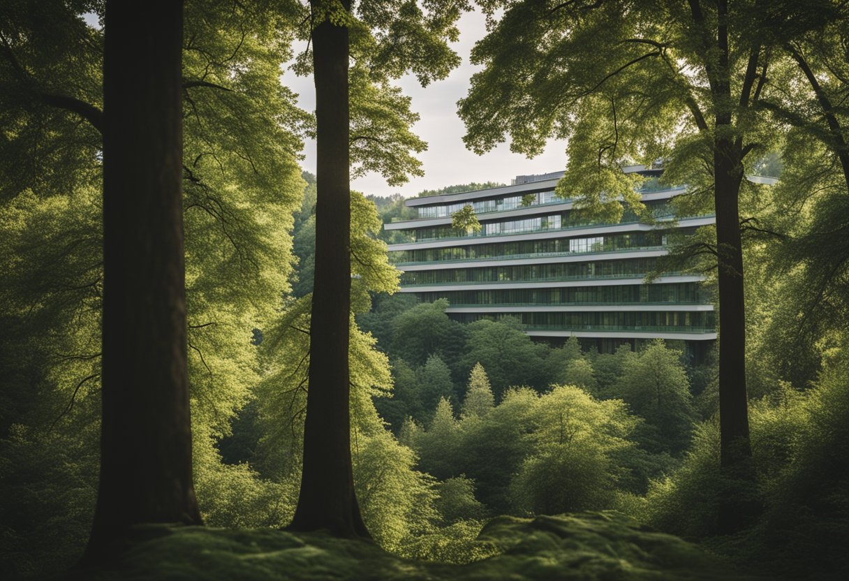 A serene forest surrounds the sanatorium in Berlin, with tall trees and a peaceful atmosphere. The building is nestled among the greenery, exuding a sense of tranquility and healing