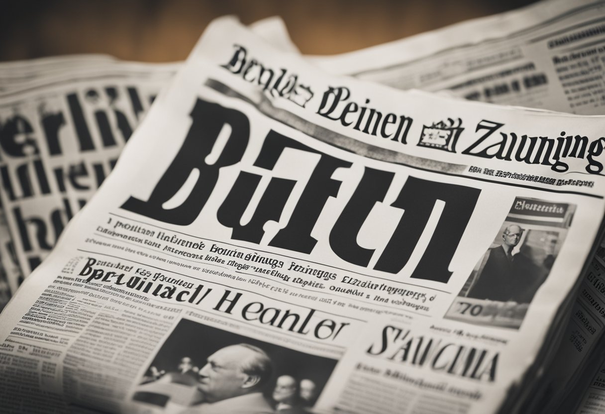 A stack of newspapers with "Berliner Zeitung" prominently displayed, surrounded by political party symbols and editorial cartoons
