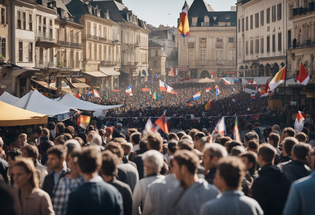 A crowded town square with flags and banners, people engaged in heated discussions, news headlines flashing on large screens