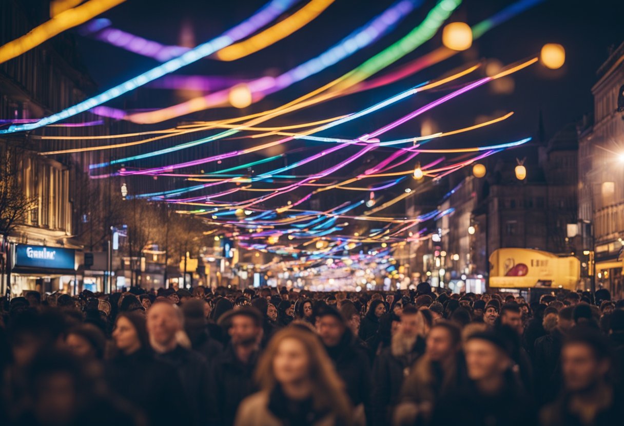 Colorful lights and vibrant music fill the bustling streets of Berlin, as people gather for entertainment and nightlife events. The city comes alive with energy and excitement, creating a lively and dynamic atmosphere