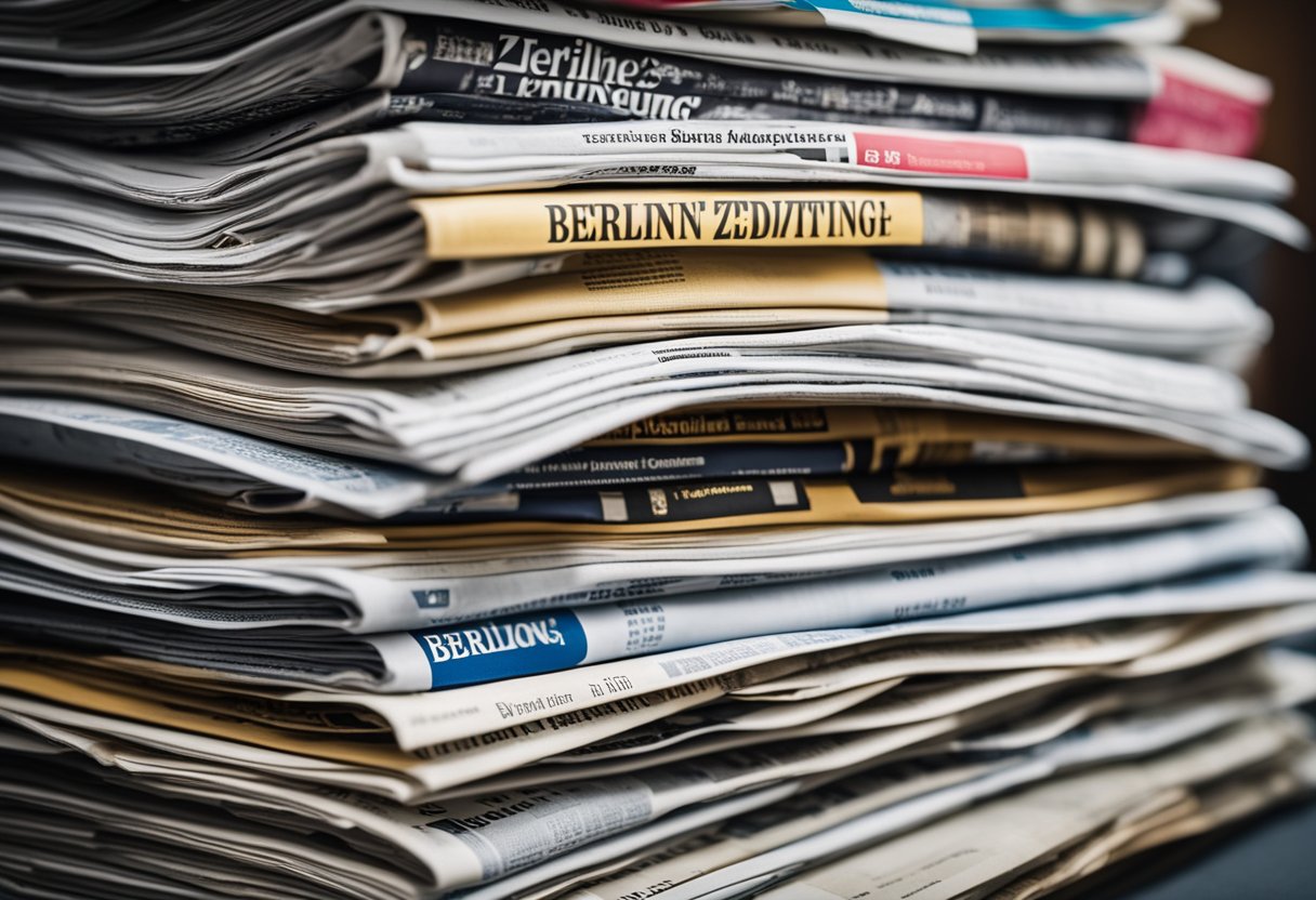 A stack of German newspapers, with the prominent title "Berliner Zeitung," surrounded by various other news magazines and periodicals