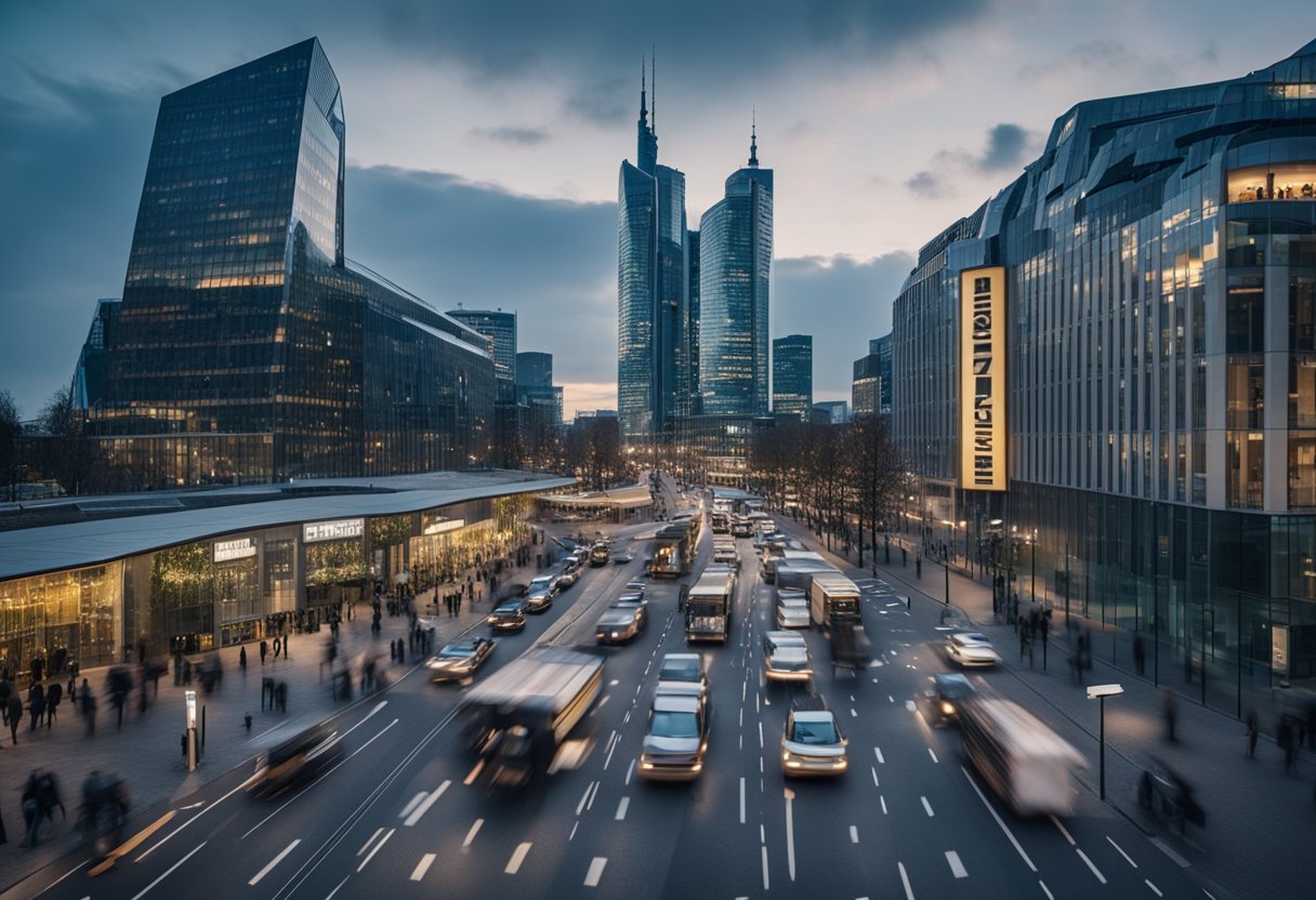 The bustling streets of Germany are filled with people reading economic updates on digital billboards and newspapers. The skyline is dominated by modern buildings and financial institutions