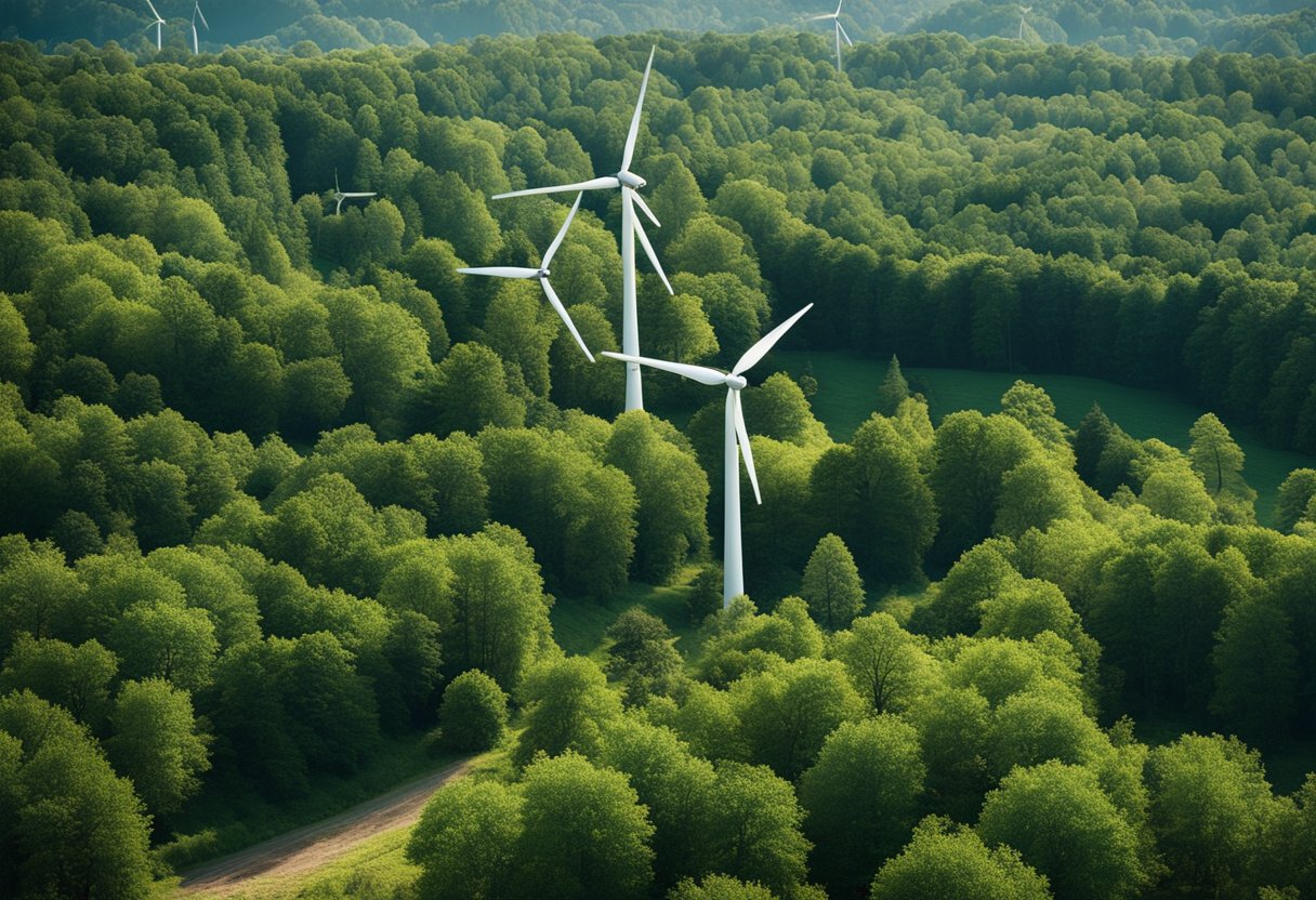 A lush forest with diverse wildlife, wind turbines, and solar panels, showcasing Germany's commitment to environmental sustainability