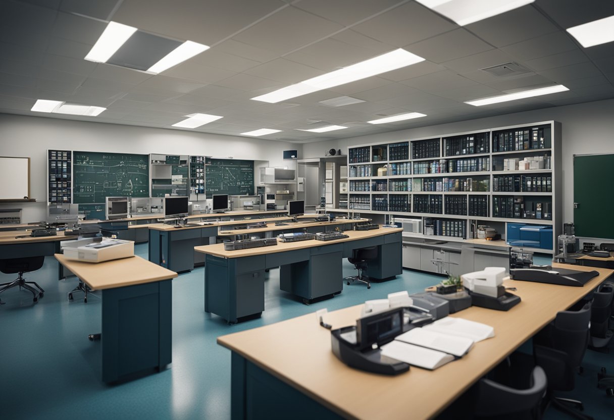 A classroom with scientific equipment and educational materials arranged neatly on desks and shelves