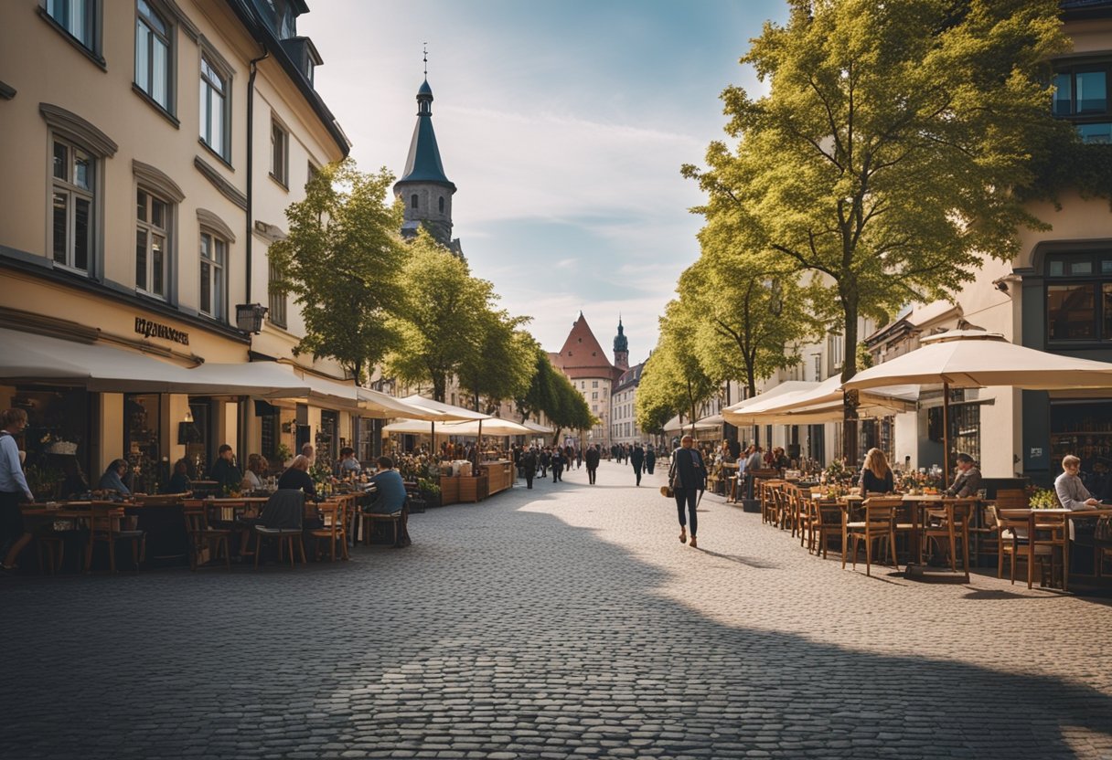 A bustling German city with modern architecture, cobblestone streets, and outdoor cafes. The scene is filled with people enjoying the vibrant lifestyle and culture of Germany