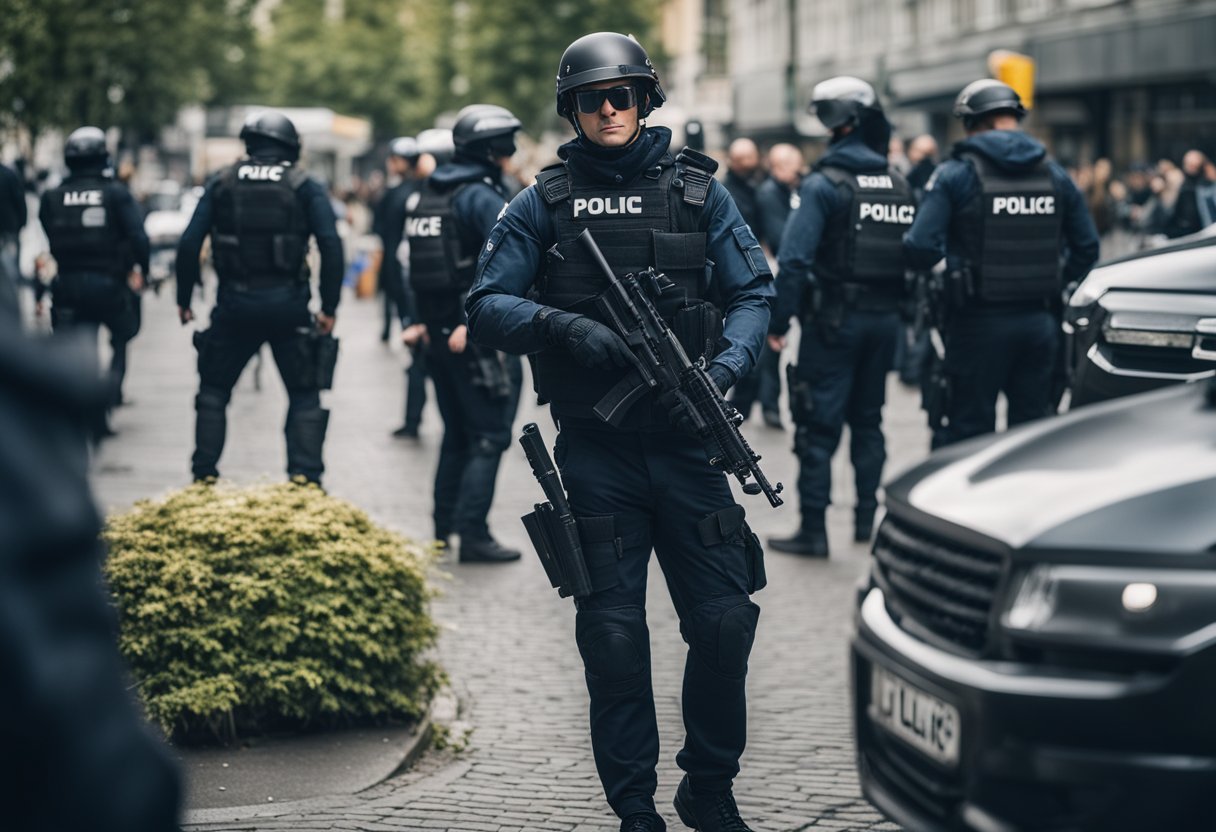 Polizeibeamte in taktischer Ausrüstung mit gezogenen Schusswaffen, die einen Verdächtigen in einem belebten Stadtgebiet in Berlin umzingeln