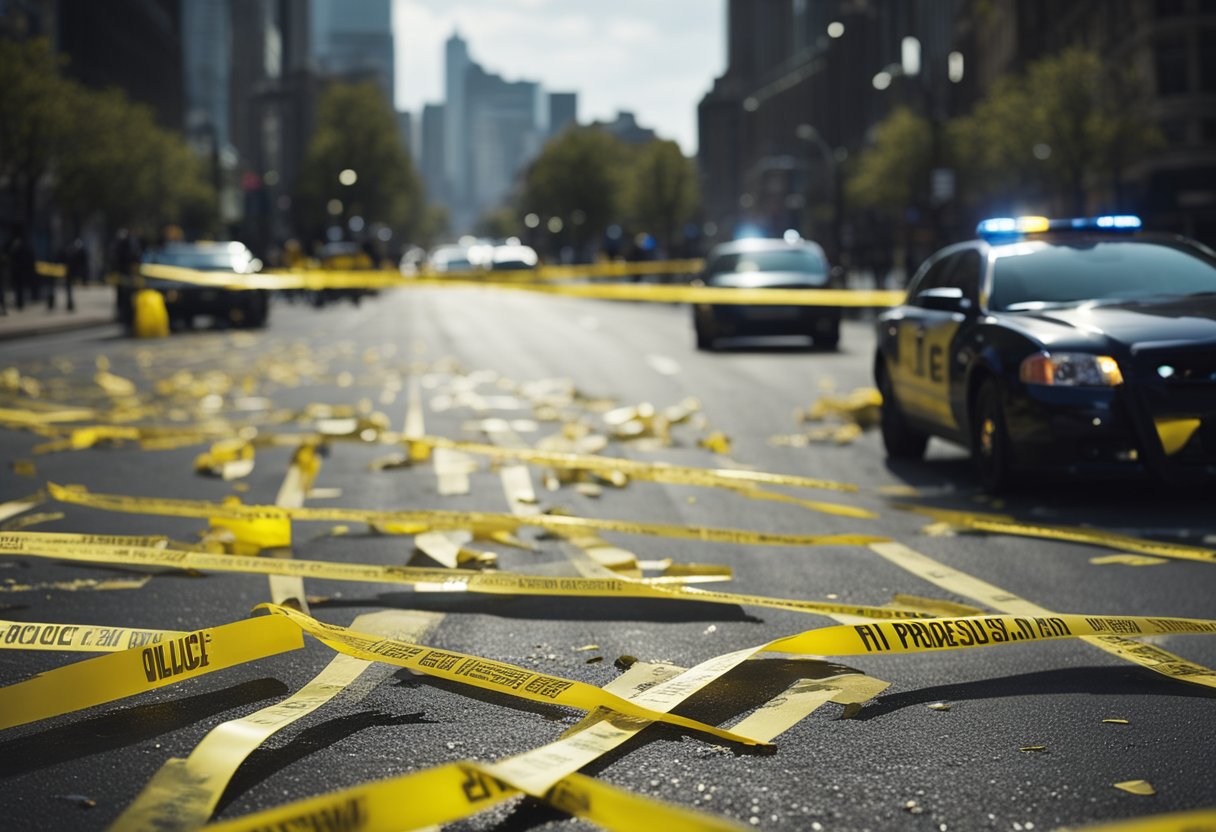 Police cars surround a crime scene tape in a busy city street. Yellow evidence markers are scattered on the ground. A shattered glass window and bullet casings are visible