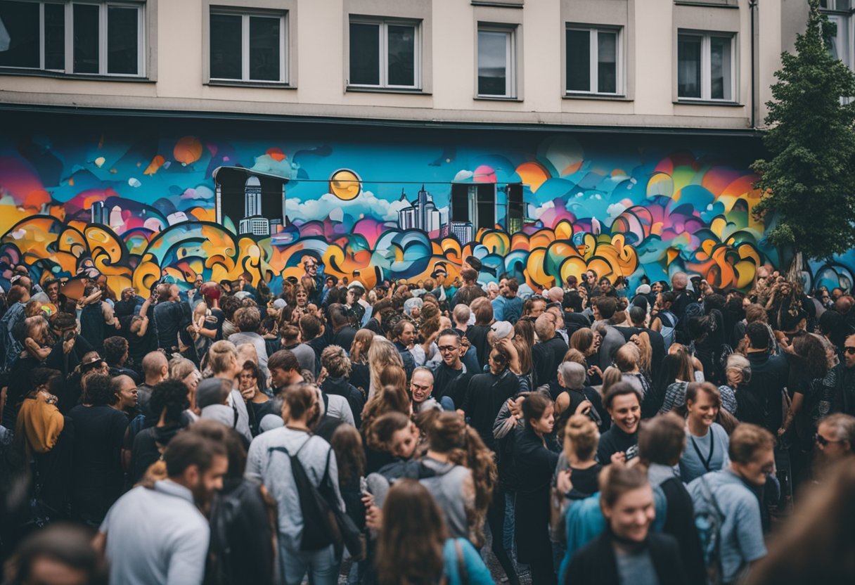 Vibrant crowd at Artistic Expressions event in Berlin, Germany. Colorful murals and graffiti cover the walls of the urban venue. Music and laughter fill the air