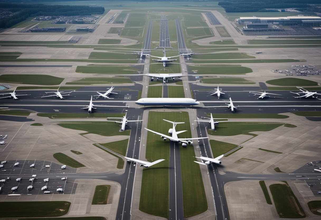 Mehrere Flughäfen in Berlin, Deutschland. Landebahnen, Terminals und Flugzeuge sichtbar. Geschäftiger Flugbetrieb