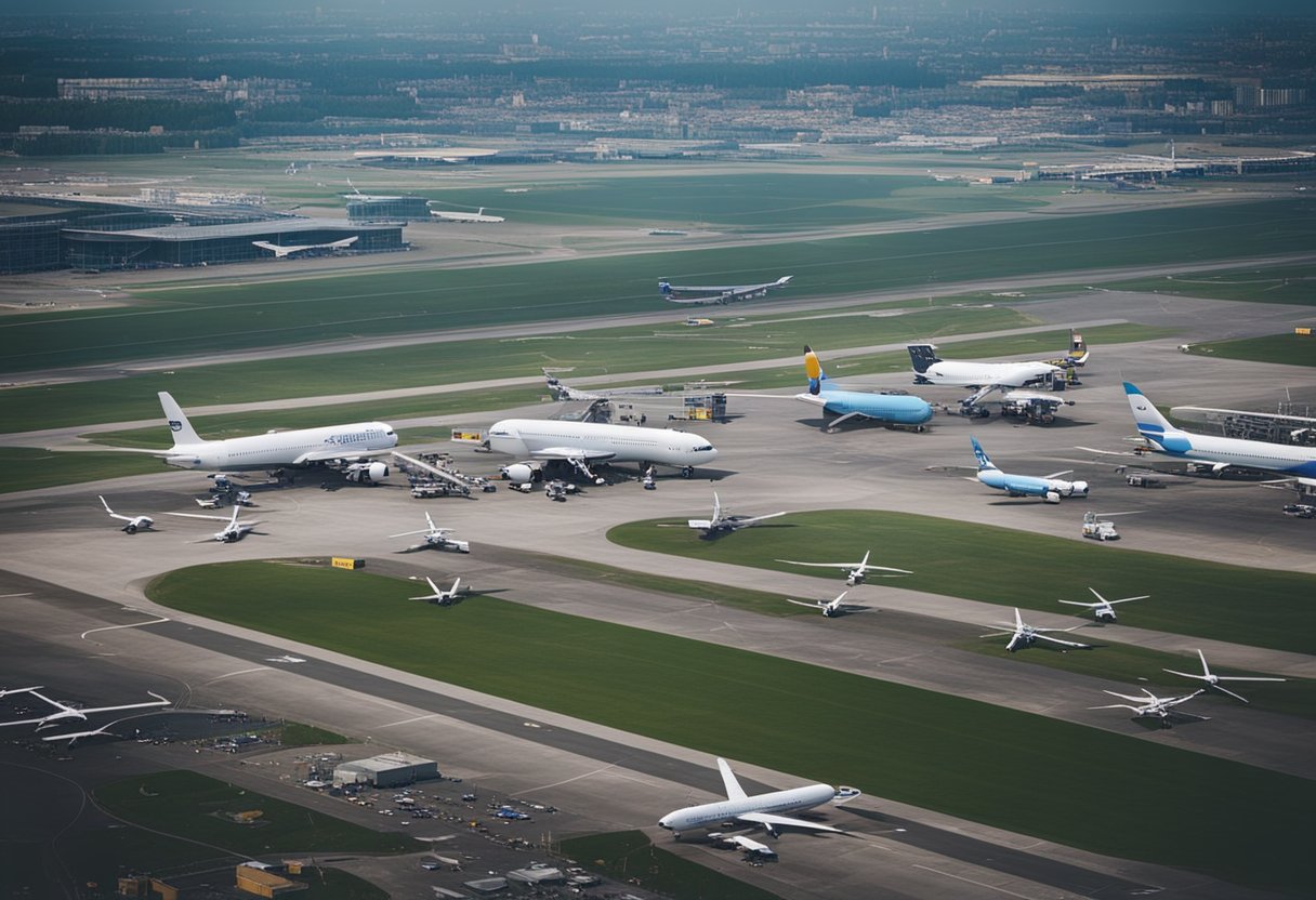 Multiple airports in Berlin, Germany. Busy runways, planes taking off and landing, bustling terminals, and air traffic control towers
