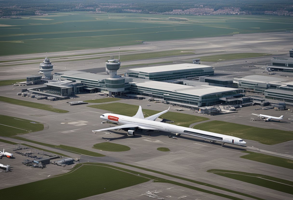 Die wichtigsten Flughäfen Berlins: Tegel (TXL) und Schönefeld (SXF). Luftaufnahme der Start- und Landebahnen, Terminals und Kontrolltürme