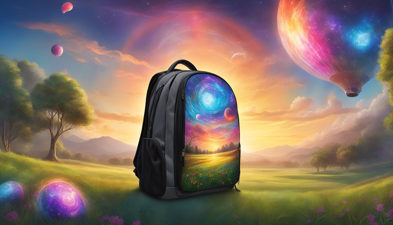 The Axiom Discs Shuttle Backpack is shown standing upright on a grassy field with a disc golf course in the background. The backpack is open, revealing multiple disc compartments and storage pockets