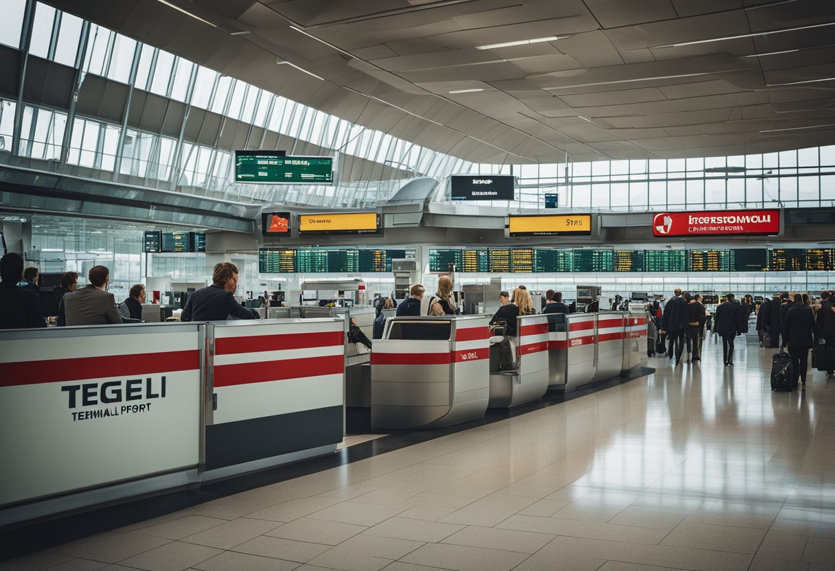 Berlin's major airport, Tegel, is bustling with planes and passengers from around the world. The terminal is modern and sleek, with signs directing travelers to various international destinations