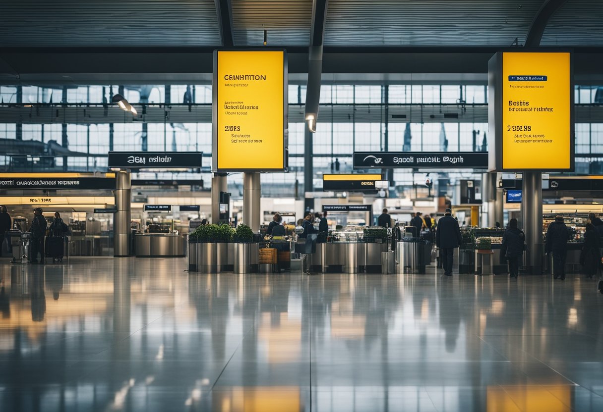 The bustling Berlin airport showcases various services and amenities, including shops, restaurants, and lounges for travelers