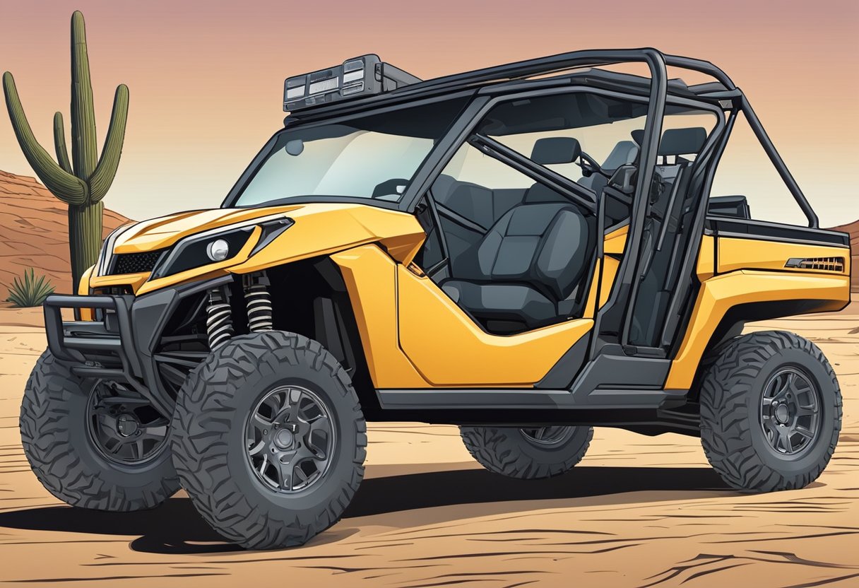 A UTV parked in a desert landscape, with a toolbox and spare tire nearby. The vehicle is equipped with off-road tires and a winch, ready for adventure