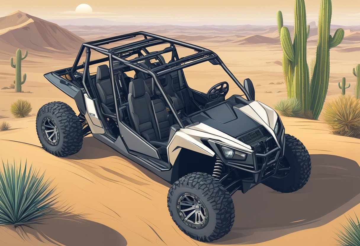 A UTV parked in a vast desert landscape, surrounded by sand dunes and cacti. The vehicle is equipped with off-road tires, a roll cage, and extra fuel cans
