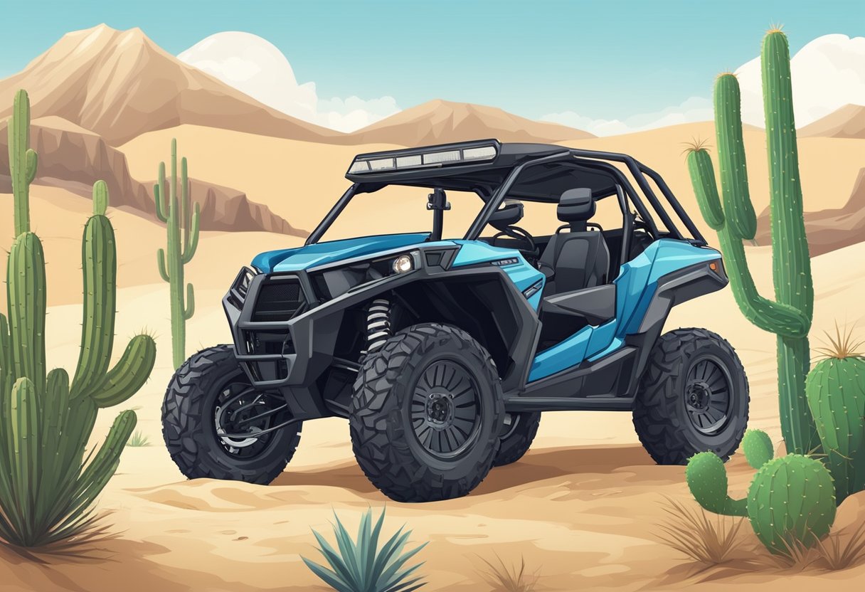 A UTV parked in the desert, surrounded by sand dunes and cacti. The vehicle is equipped with off-road tires, a roll cage, and storage for water and supplies