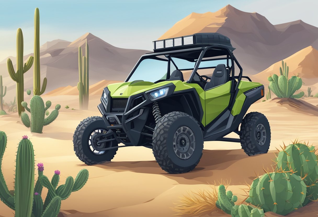 A UTV is parked in the desert, surrounded by sand dunes and cacti. The vehicle is equipped with off-road tires, a roof rack, and storage containers for gear