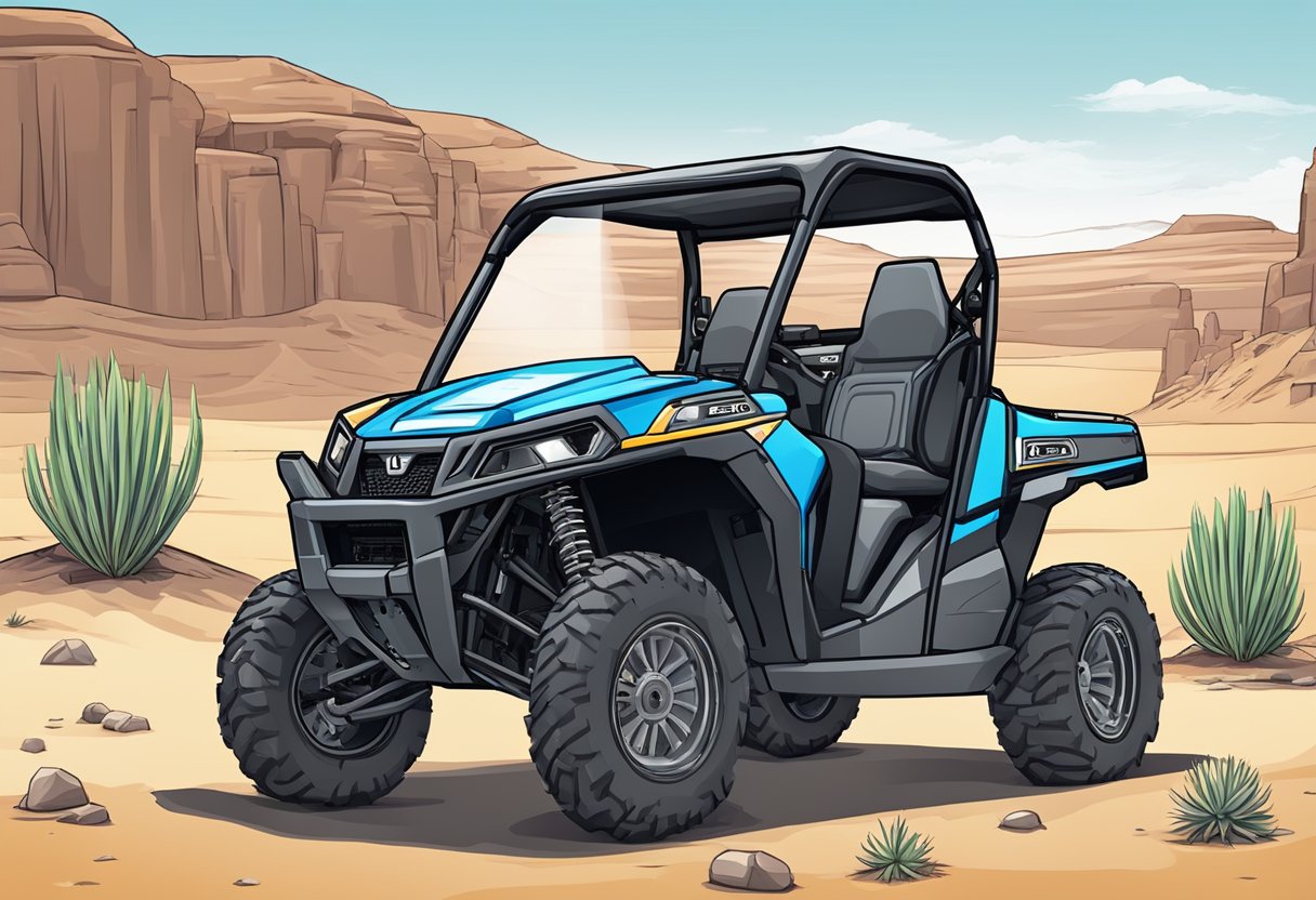 A UTV parked in the desert, with proper safety gear and equipment loaded, ready for a trail adventure