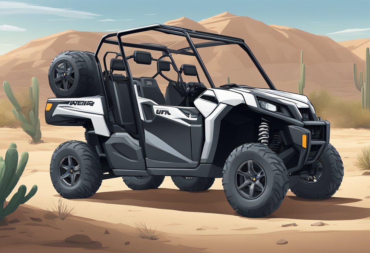 UTV parked in a desert landscape, equipped with storage containers, spare tire, and clean, well-maintained exterior. No signs of litter or damage