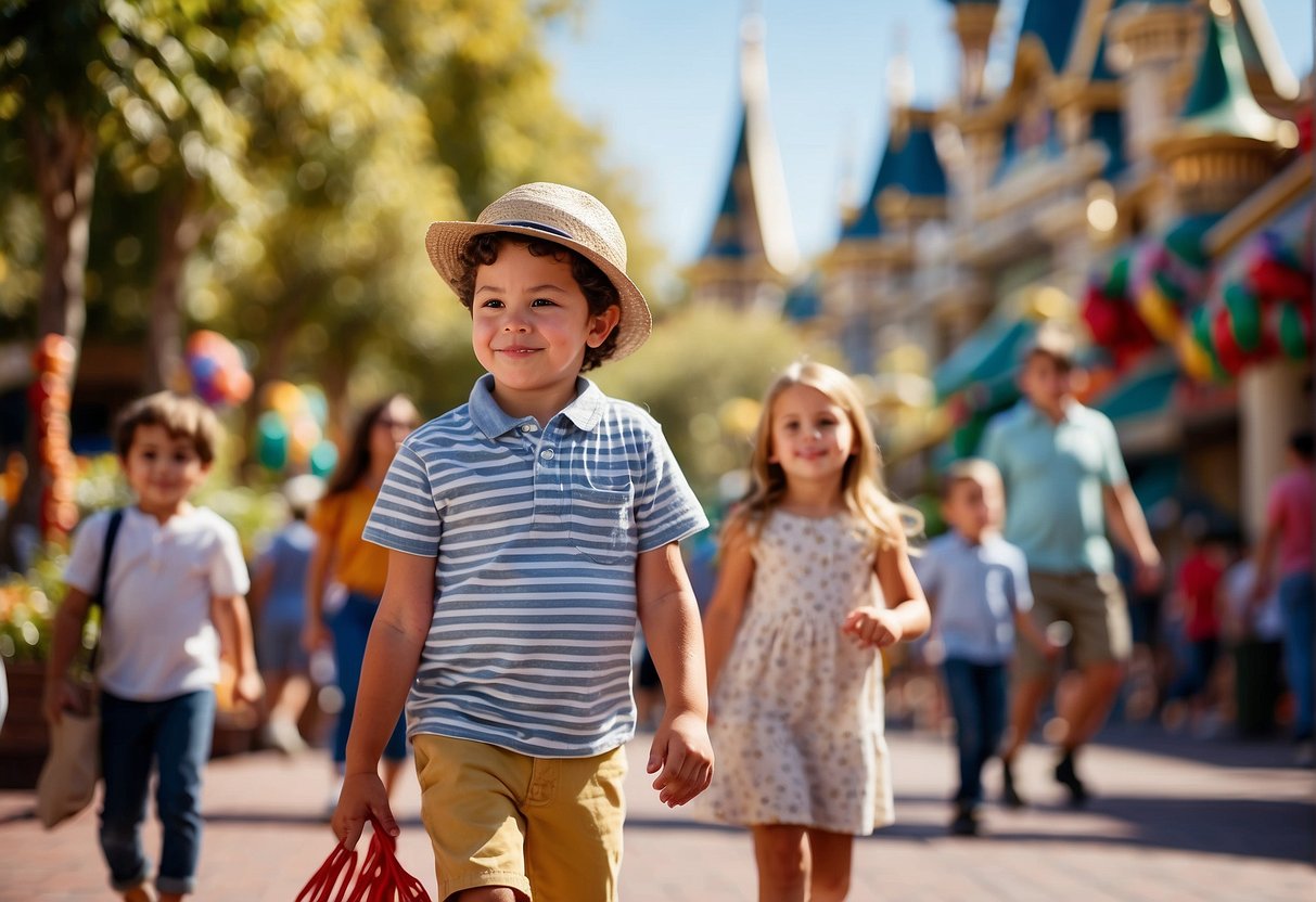 Families stroll through a vibrant Disneyland Anaheim, enjoying sunny weather and festive decorations. The park is bustling with excitement, as visitors of all ages explore rides and attractions