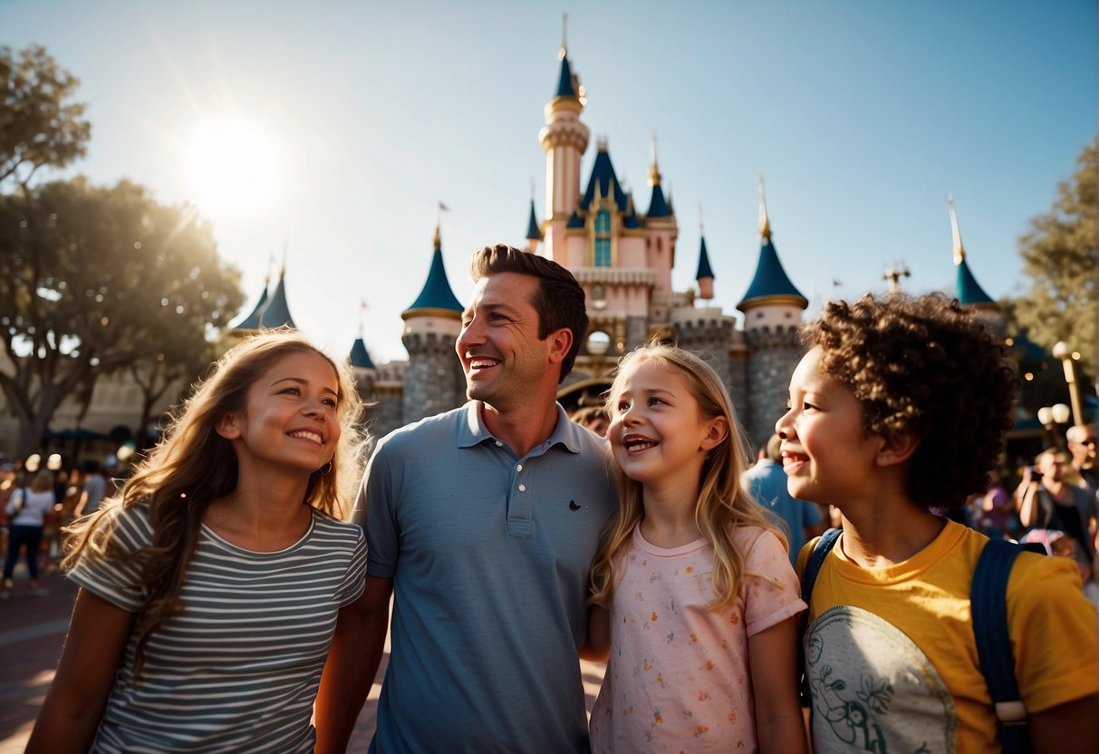 Families gather at Disneyland Anaheim, the sun shining overhead. The park is bustling with excitement as visitors plan their day