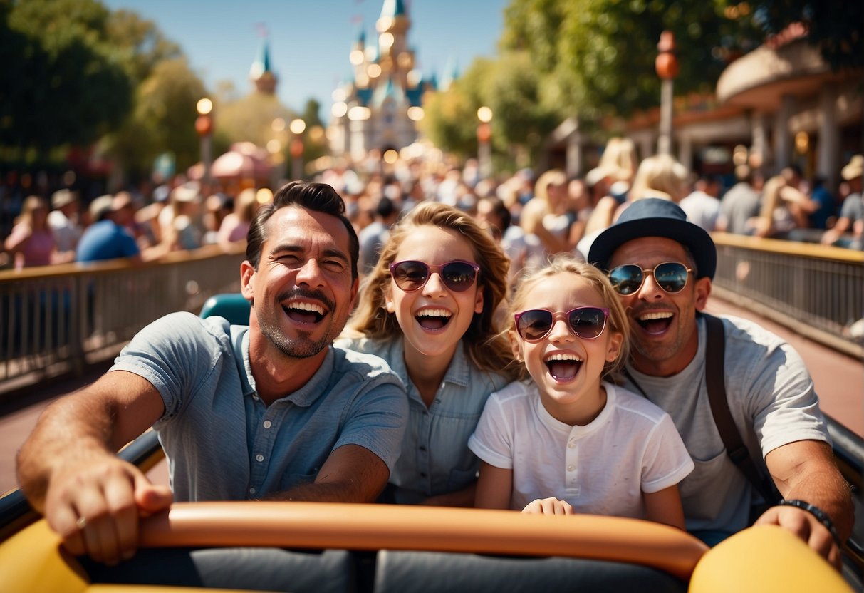 Families laughing and riding roller coasters in the bright sunshine at Disneyland Anaheim, with colorful characters and attractions in the background