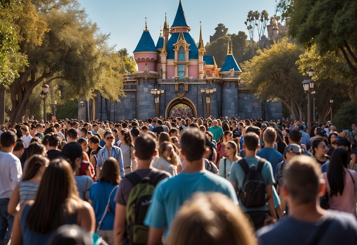 Visitors line up at Disneyland Anaheim's entrance, eager to enter the park. The sun shines brightly in the clear blue sky, casting a warm glow over the iconic castle and bustling crowd