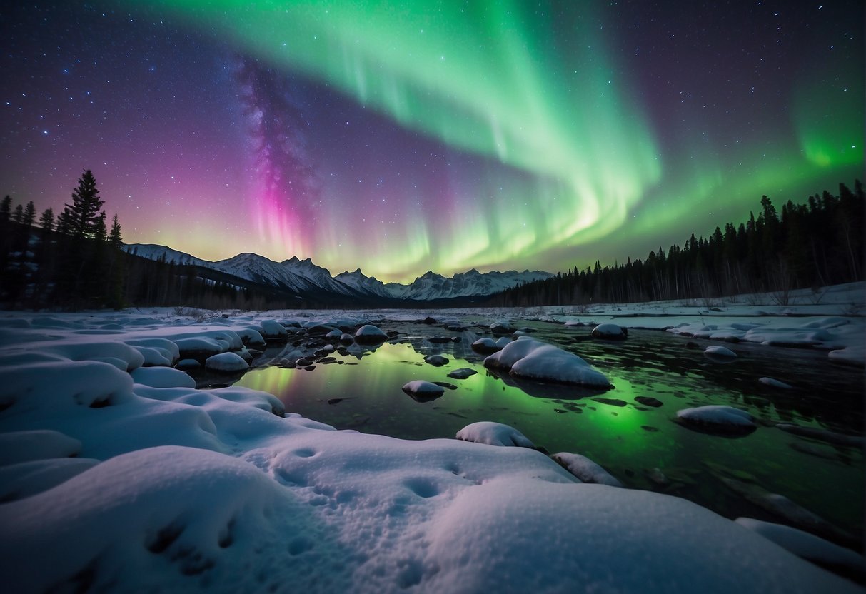 Vibrant green and purple lights dance across the night sky, illuminating the snowy landscape below. The stars twinkle as the Aurora Borealis puts on a mesmerizing show