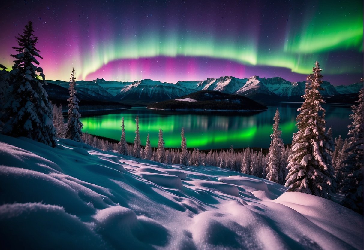 The vibrant colors of the Aurora Borealis dance across the night sky, creating a mesmerizing display of green, purple, and pink hues. The swirling lights form intricate patterns, casting an enchanting glow over the snow-covered landscape below