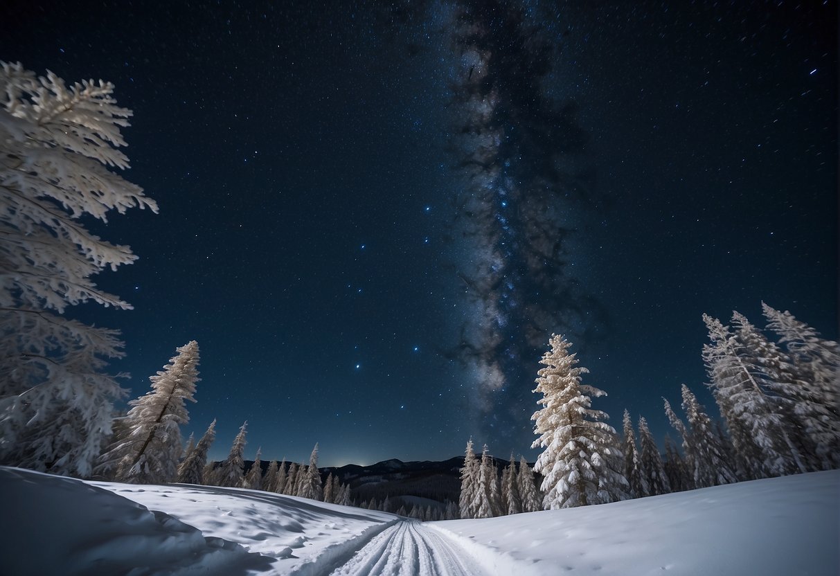 Clear night sky, vibrant colors swirling overhead, snow-covered landscape, and a faint outline of trees