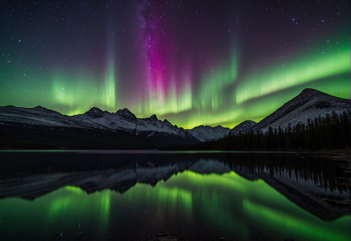 The night sky is filled with vibrant colors as the Aurora Borealis dances across the horizon, creating a breathtaking display of natural beauty