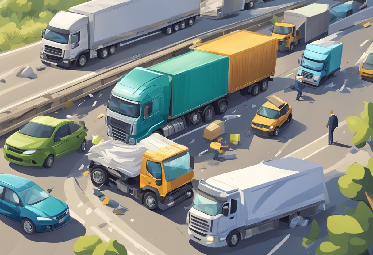 A truck collides with a smaller vehicle on a busy highway, causing significant damage. A lawyer reviews the scene, taking notes and photographs