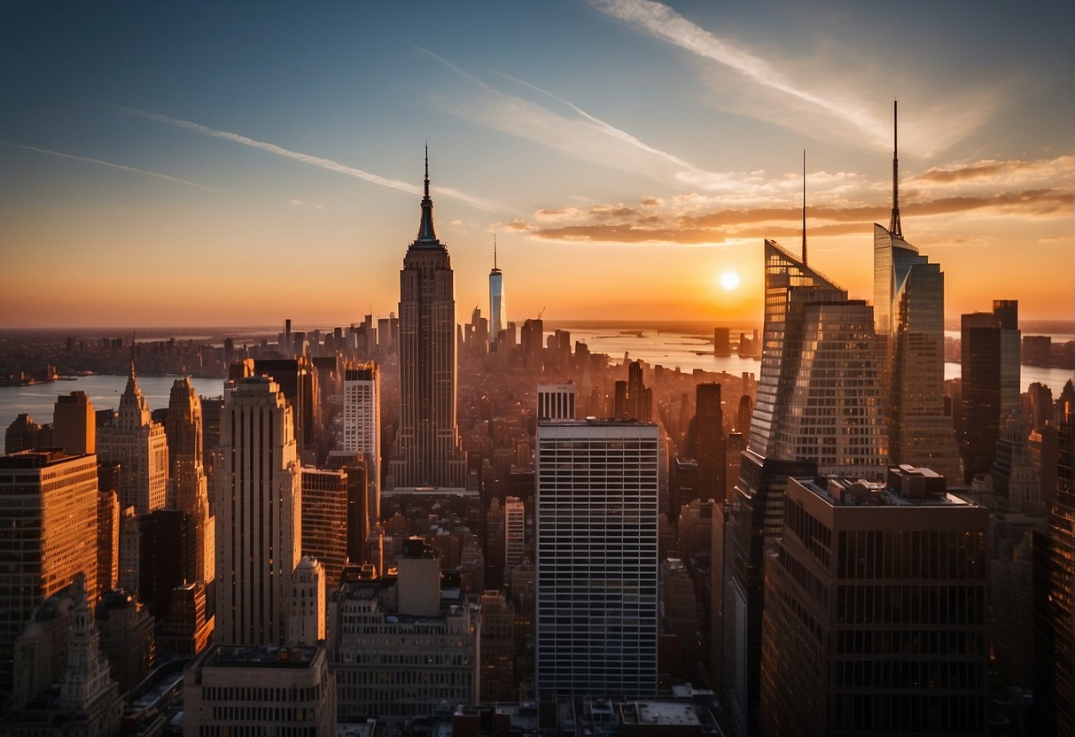 The sun sets behind the iconic New York City skyline, casting a warm glow over the bustling streets and towering skyscrapers