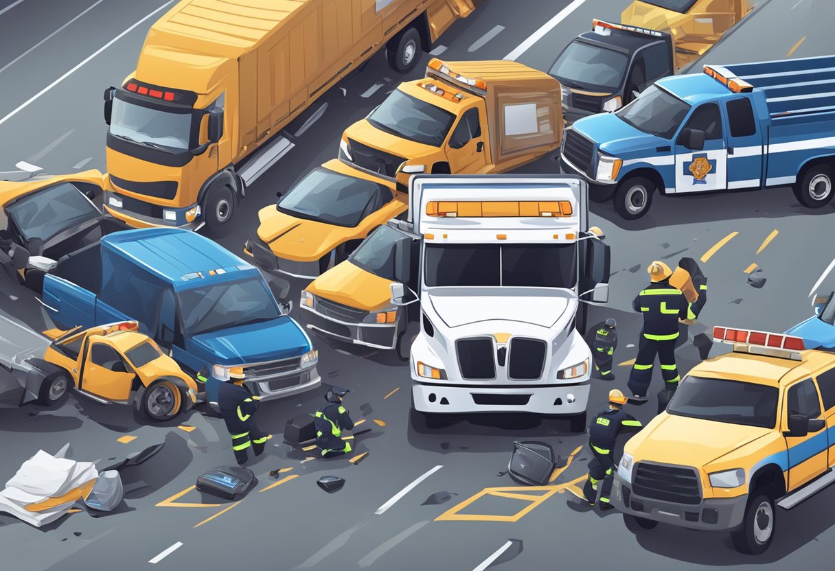 A truck crashed into a car on a busy highway, causing a pile-up. Emergency vehicles and police are on the scene, with a lawyer's office sign in the background