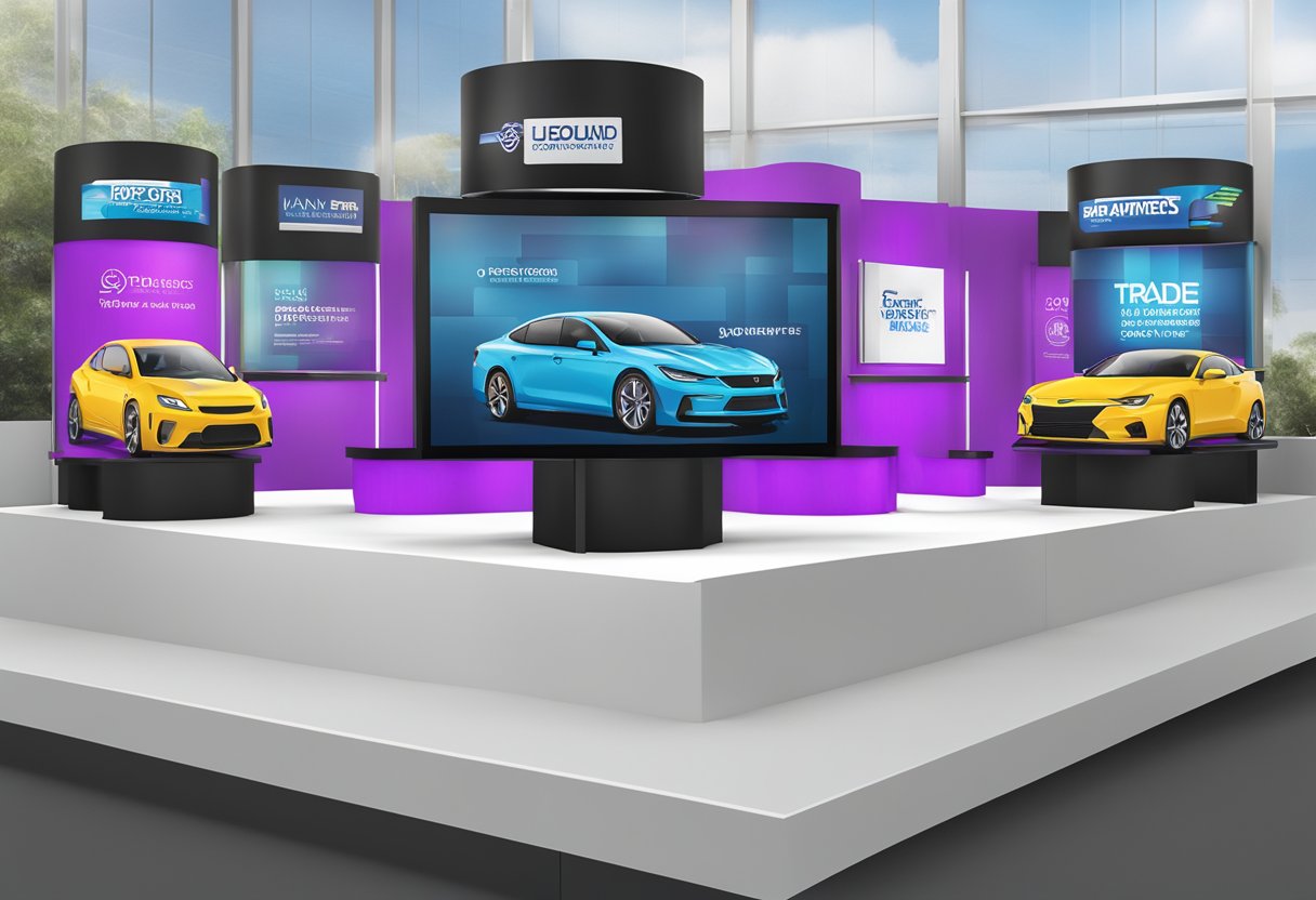 Trade show displays feature sleek monitors, showcasing vibrant graphics and engaging content to captivate passersby