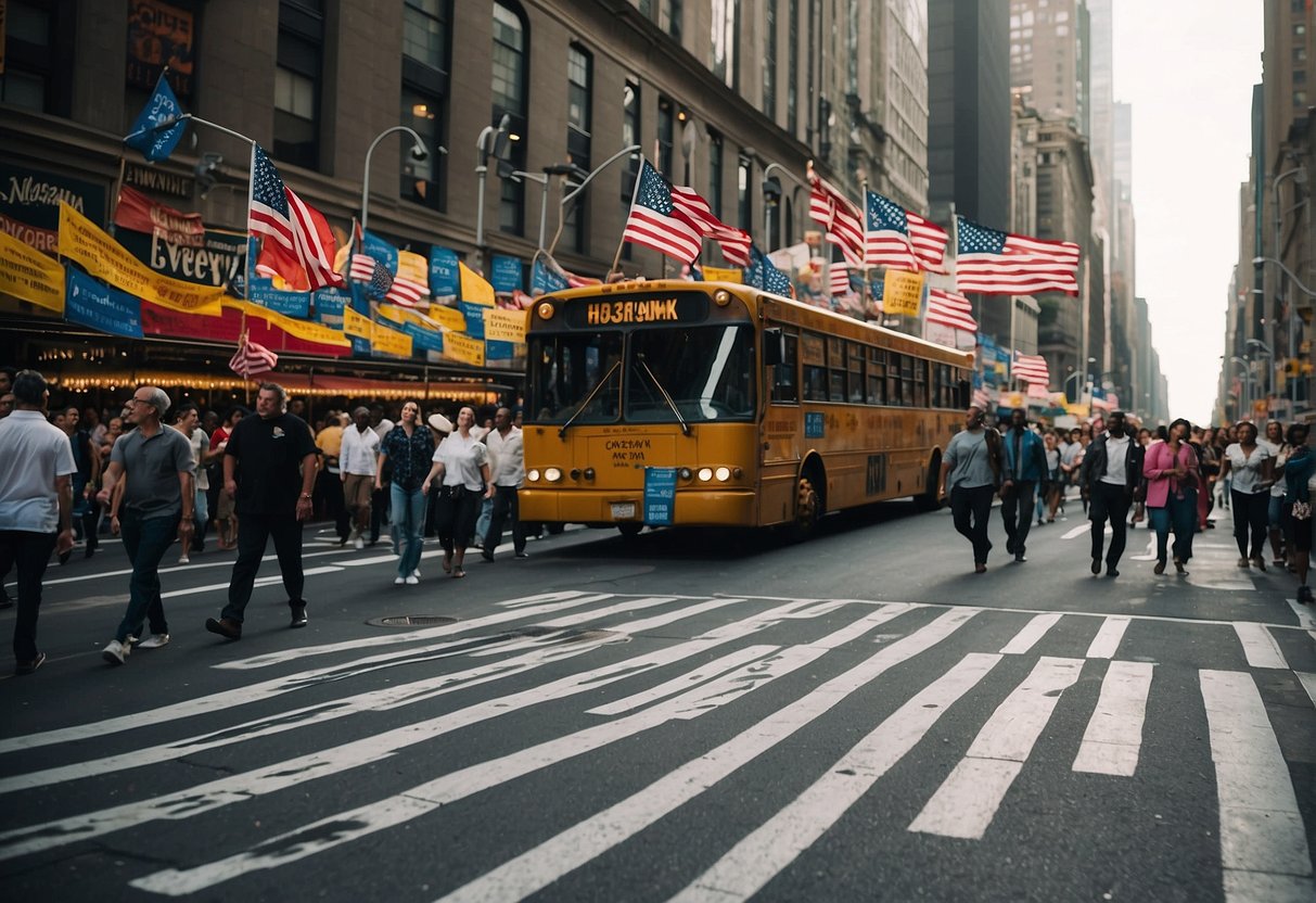 A bustling street in New York adorned with colorful banners and flags, showcasing various cultural events and activities. The atmosphere is lively and vibrant, with people of different backgrounds coming together to celebrate