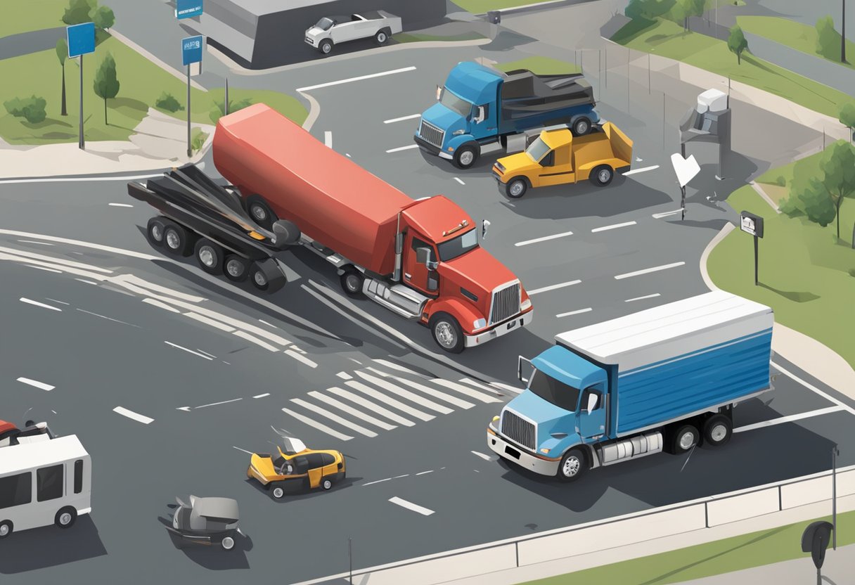 A truck collides with a smaller vehicle at an intersection. The truck's oversized load appears to have shifted, causing the accident