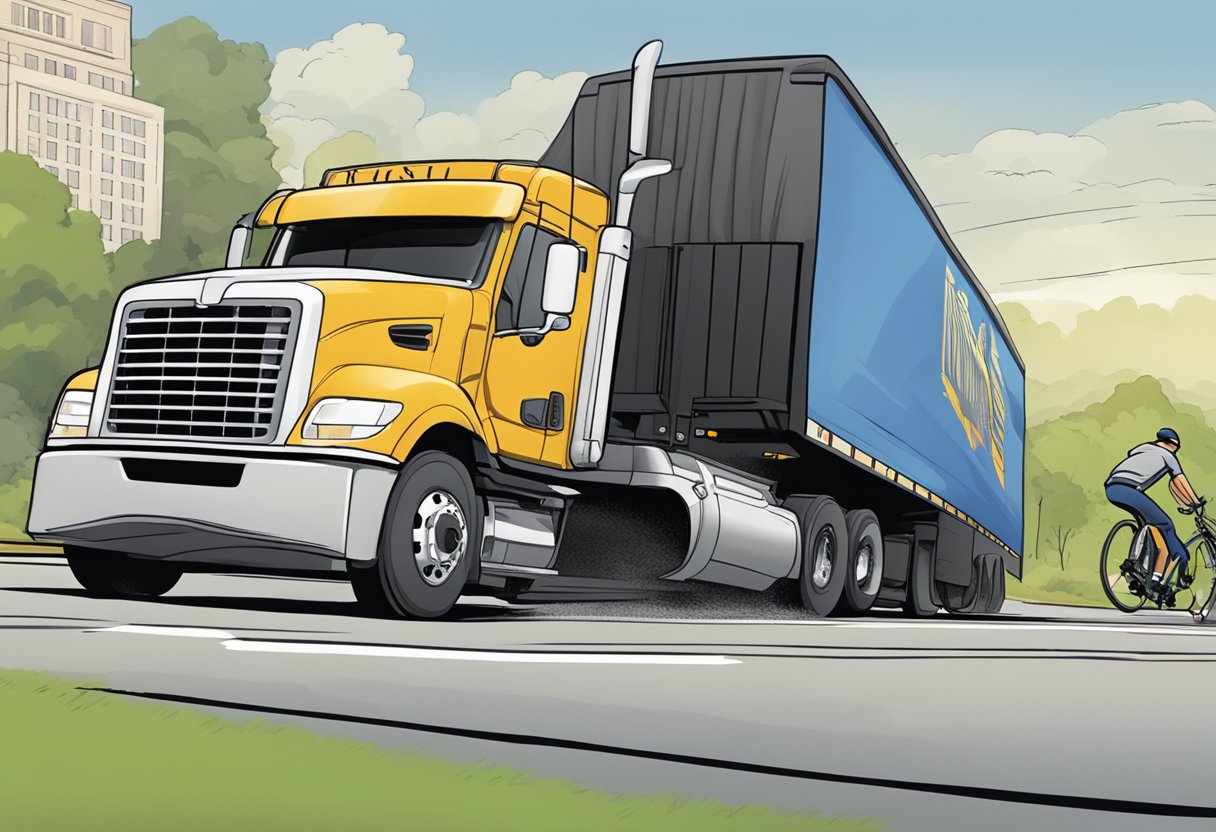 A truck swerves to avoid a collision, narrowly missing a pedestrian. The lawyer's logo is prominently displayed on the truck's side