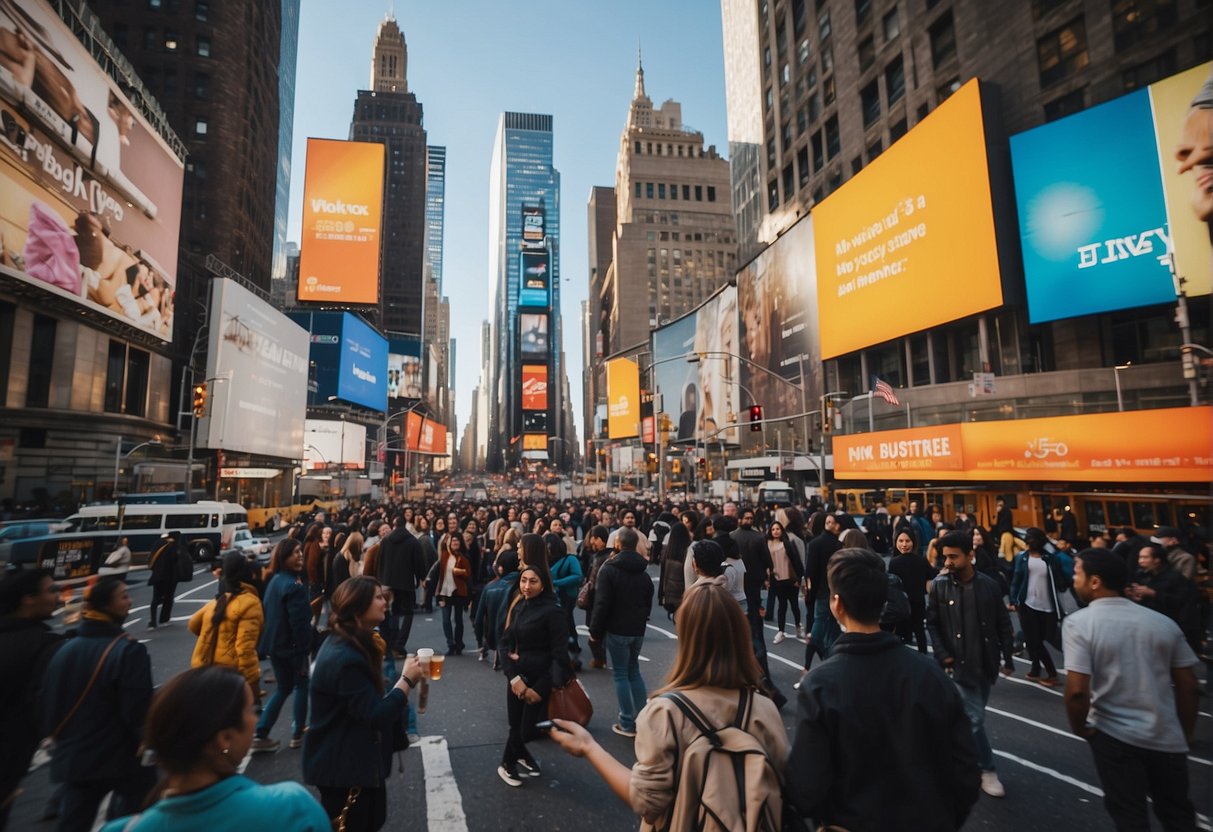 A bustling New York City street with iconic landmarks in the background, showcasing a mix of tourists and locals enjoying the vibrant atmosphere