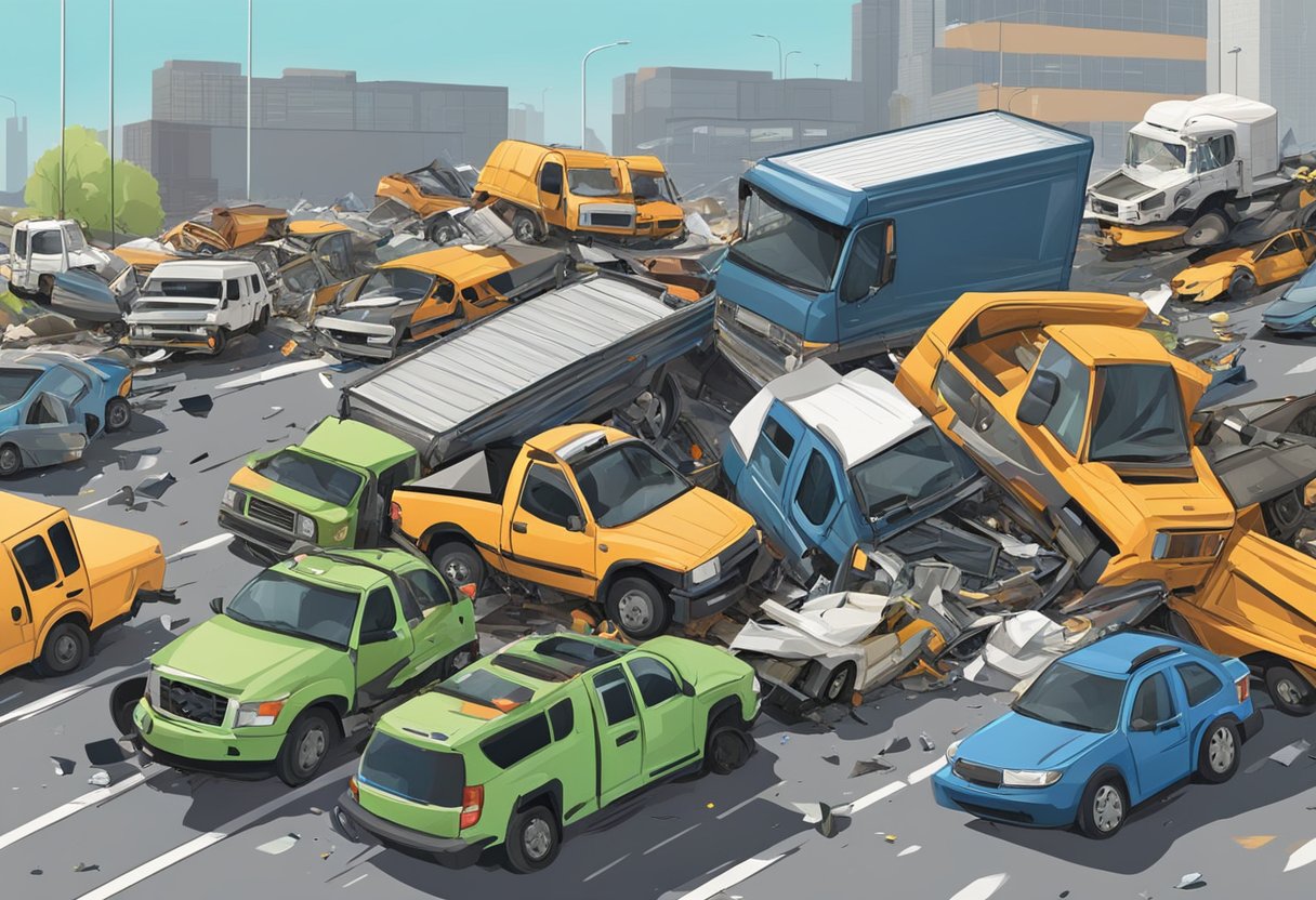 A truck crashes into a smaller vehicle on a busy highway, causing a pile-up of cars and debris. The scene is chaotic, with emergency vehicles rushing to the scene
